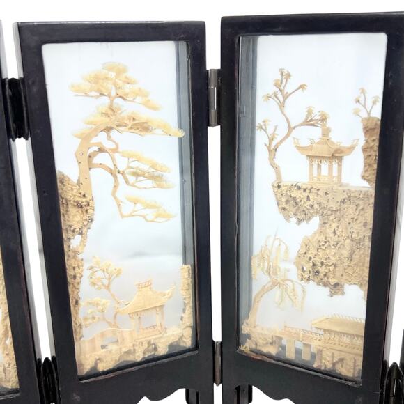 Vintage Asian Carved Cork Diorama Black Lacquer 4 Panel Mini Folding Screen - Picture 7 of 16